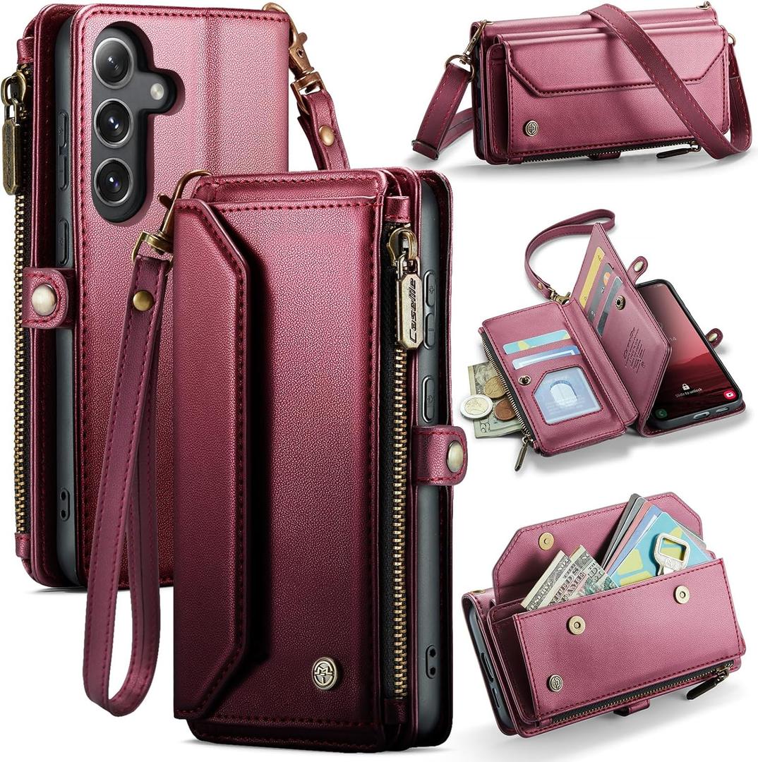 for Samsung Galaxy S25/S24 Case, Women Men Multi-Function Wallet Case with Stand RFID Blocking Featuring Magnetic Closure Zipper Includes Shoulder Strap Wrist Strap (Red)