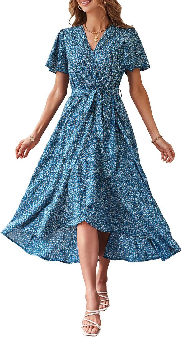 PRETTYGARDEN Women's Summer Floral Boho Dress Wrap V Neck Short Sleeve Ruffle A-Line Flowy Maxi Wedding Guest Dresses (Print Blue, Medium)