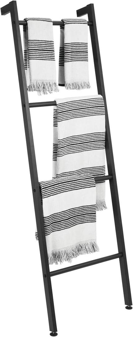 mDesign Metal Free Standing Wall Leaning Decorative Bath Towel Rack Bar Storage Ladder - for Bathroom, Kitchen; Holds Towels, Blanket, Throw Blankets, Quilts - 4 Levels - Matte Black