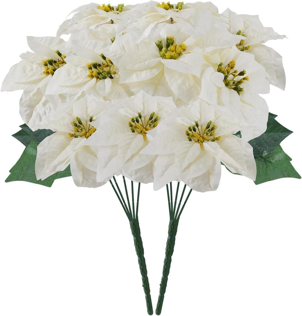 Poinsettias Artificial Christmas Flowers Bouquet 2 Pack Large White Poinsettia Flowers Faux Winter Flowers for Indoor Outdoor Xmas Ornament Porch Home Garden Decorations (Flower Head-9.8inch)