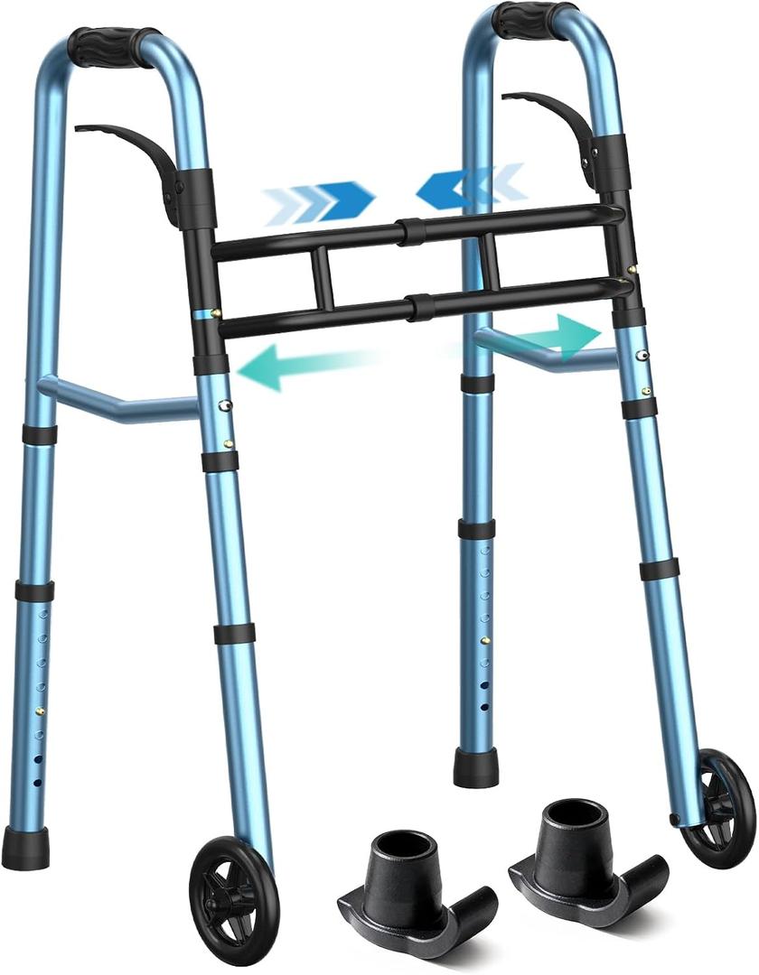 HOMENURSE Narrow Walkers for Seniors, Folding Walker with Skis and 5" Wheels for Small Spaces, Adjustable Width & Height, Aluminum Lightweight Standard Rolling Walker, Support Up to 350lbs, Blue