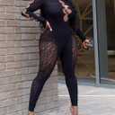 Womens Sexy Off Shoulder Leopard Mesh Jumpsuit Rhinestone Cutout One Piece Lace Bodysuit Nightclub Party Outfits (Black, XL)