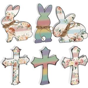 6 Pcs Easter Decorations Wood Bunny Cross Decoration Sign Tiered Tray Decor Farmhouse Rabbit Cross Easter Decor for the Home Spring Table Centerpiece, 6 Inch(Floral)