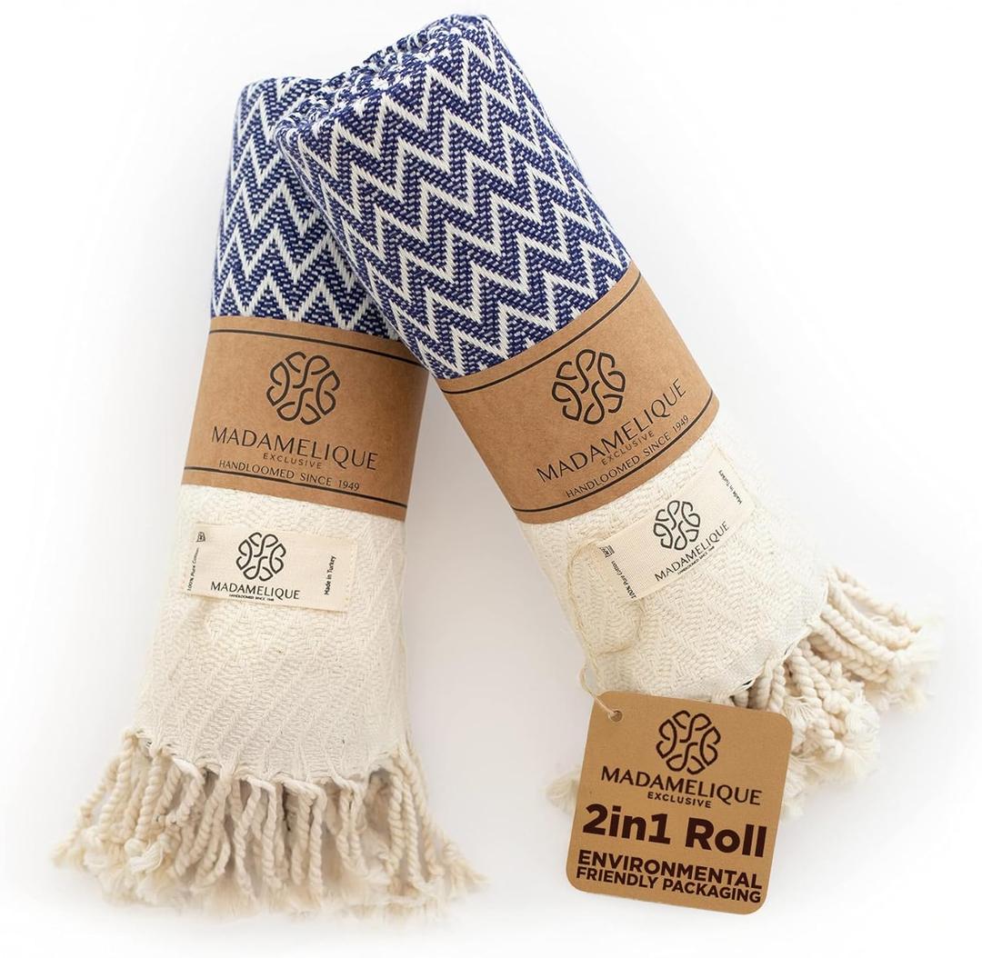 Madamelique Exclusive Hand Towels Set of 2-18 x 40 Inches - Decorative Bathroom Peshtemal Towel for Hand, Face, Hair, Yoga, Tea, Dishcloth, Kitchen and Bath - 100% Pure Cotton (Navy)