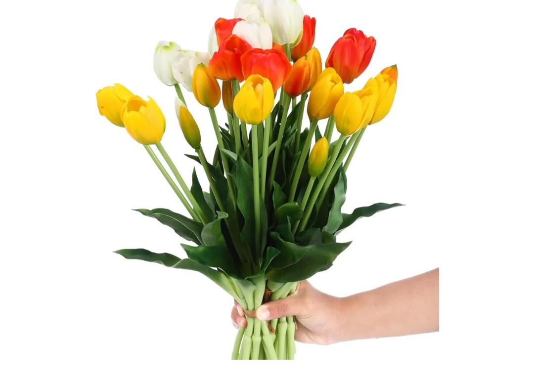 Riceshoot 6 Bunches Artificial Tulips Flowers 30 Pcs Real Touch Faux Tulips Bouquets Arrangements Realistic Flowers for Office Wedding Party Kitchen Decoration(Warm Color)