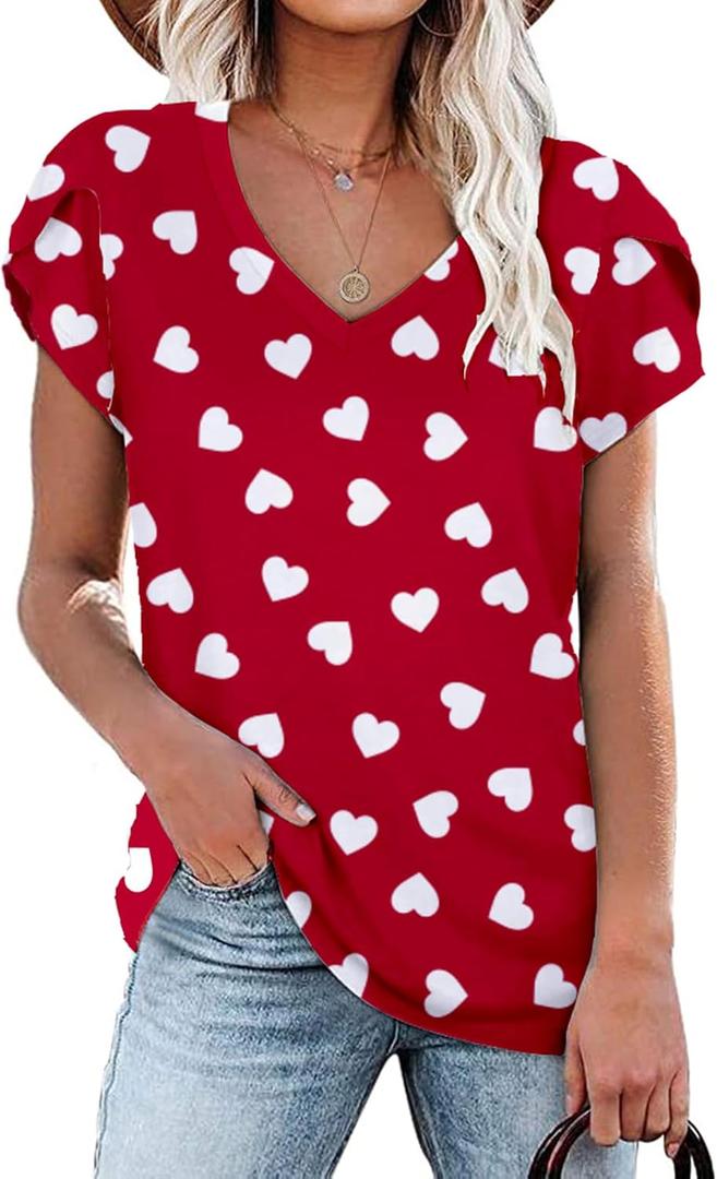 Roshop St Patricks Day Shirt Women Petal Sleeve V Neck Lucky Clover Irish Shamrock Shirts (L)