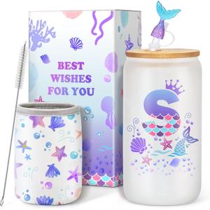 Clexela Birthday Gifts for 4 5 6 7 8 9 10 11 12 Year Old Girls Monogrammed Initial Glass Cups,16oz Glass Cups with lid and straw, Personlized Valentine Mermaid Gifts for Kids Girls Purple S