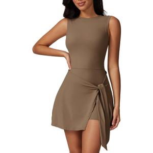 ABOCIW Womens High Neck Tennis Dress Sleeveless Wrap Skirt Built in Shorts Golf Athletic Dress Workout Rompers (Small, Brown)