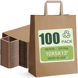 MESHA 10x5x13 Inch Brown Paper Grocery Bags with Handle, Large Kraft Shopping Paper Gift Bags Bulk, Gift Bag Retail Recycled Birthday Wedding Party Favors 100 Pack (Made In USA)
