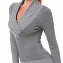 AmlieBoutik Women Crossover Cable Knit V Neck Long Sleeve Pullover Sweater (Medium, Gray)