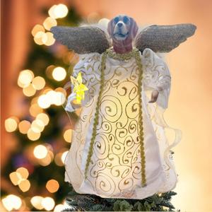 Angel Tree Topper with LED Light, 14" Angel Treetop Figurine with Dress, Feather Wings, and 10 Lights for Indoor and Outdoor Holiday Decoration, Xmas Home Ornaments-Labrador