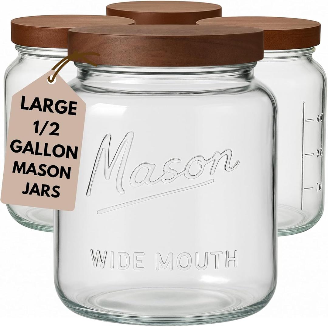 Kitchentoolz Half Gallon Glass Mason Jars with Airtight Push to Close Wooden Lids - Food Storage & Canning Jars with Measurement Markings - Pantry Containers for Flour, Sugar & Dry Goods - 64 oz (4pk)