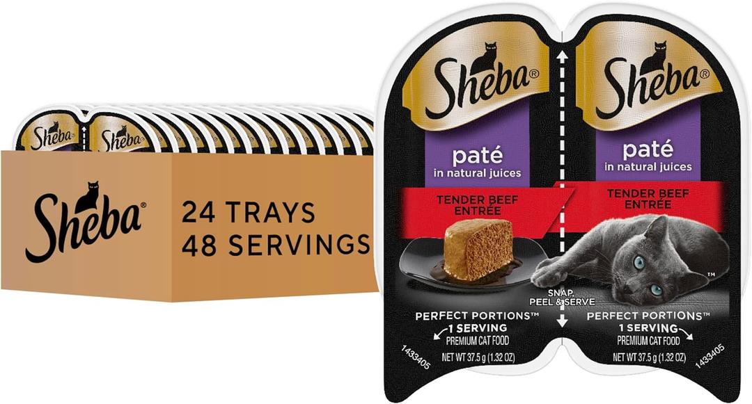 Sheba Perfect Portions Wet Cat Food Pate Tender Beef Entree, 2.6 oz. Twin-Pack Trays, Cat Food Wet Recipe, BB 03/02/28 (24 Count, 48 Servings)