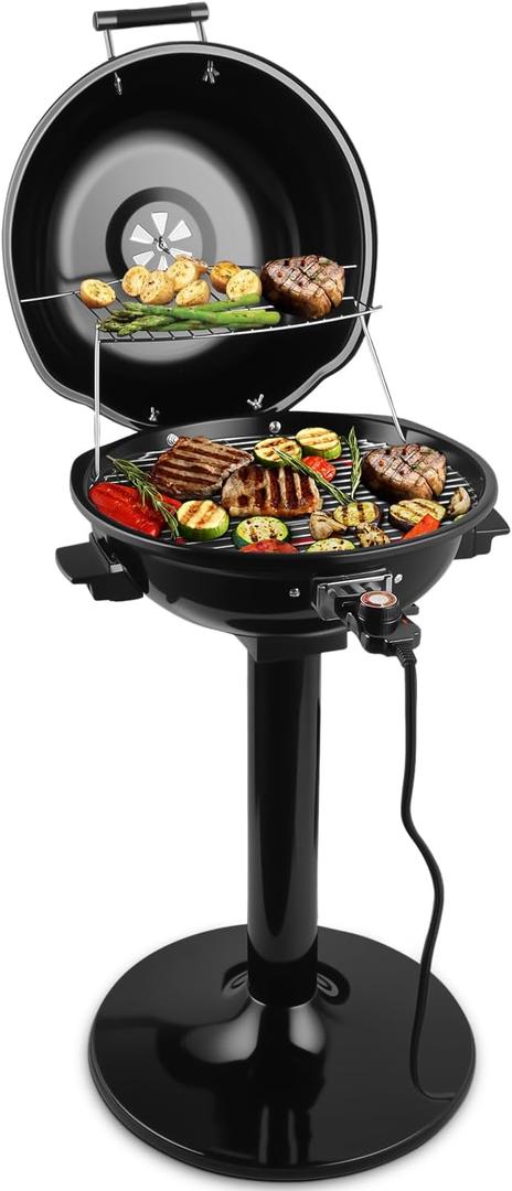 Electric Grill Outdoor, CUSIMAX Electric BBQ Grill, 1600W Portable BBQ with Lid for Cookouts, BBQ Gatherings, Small Spaces, Adjustable Heat, Removable Stand Grill, Oil Collector
