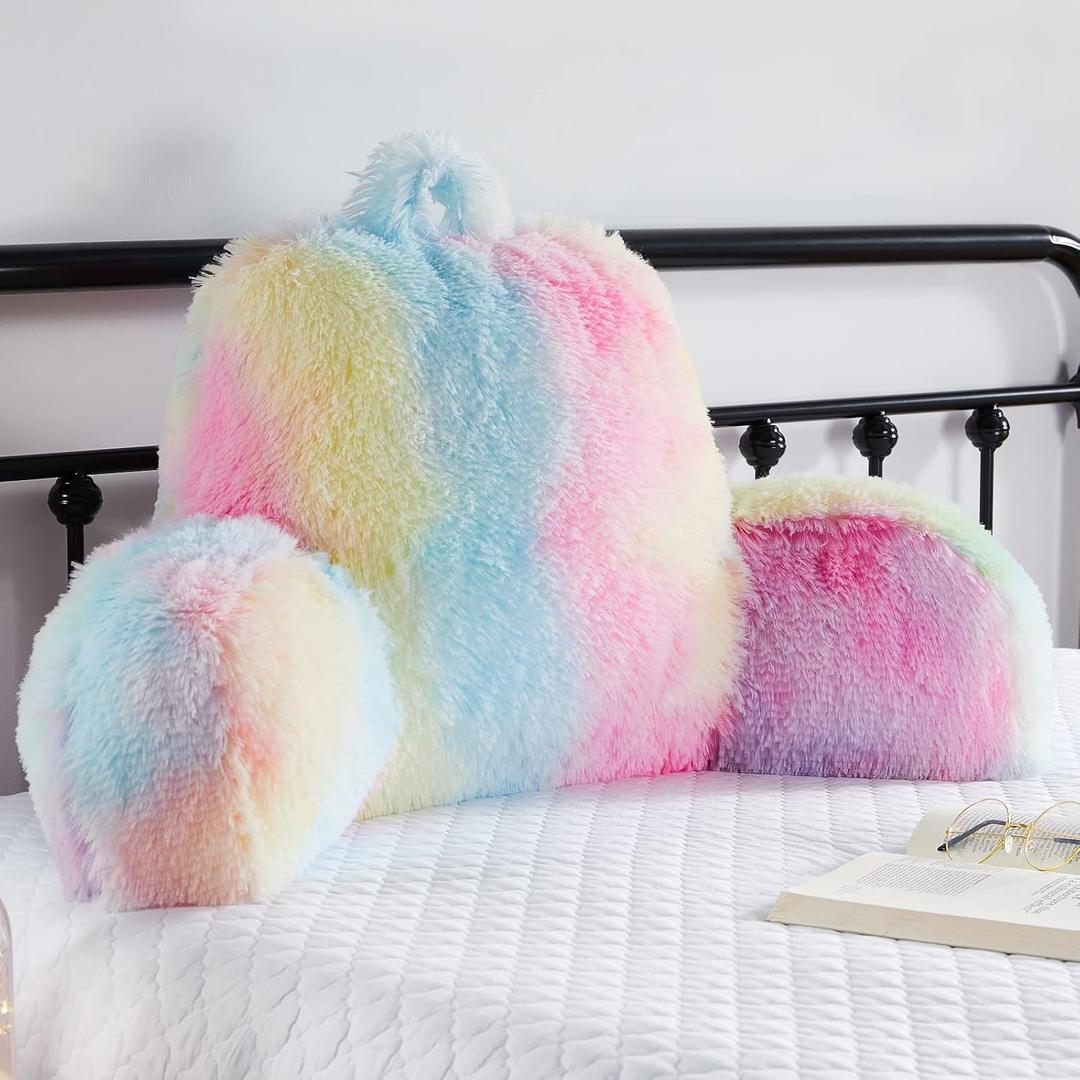 Faux Fur Backrest Pillow for Kids, Teen Reading Pillow with Arms, Fluffy Back Support Pillow for Sitting Up in Bed/Couch, Bed Wedge Pillow for Girls, Reading & Bed Rest Pillows (Pink)