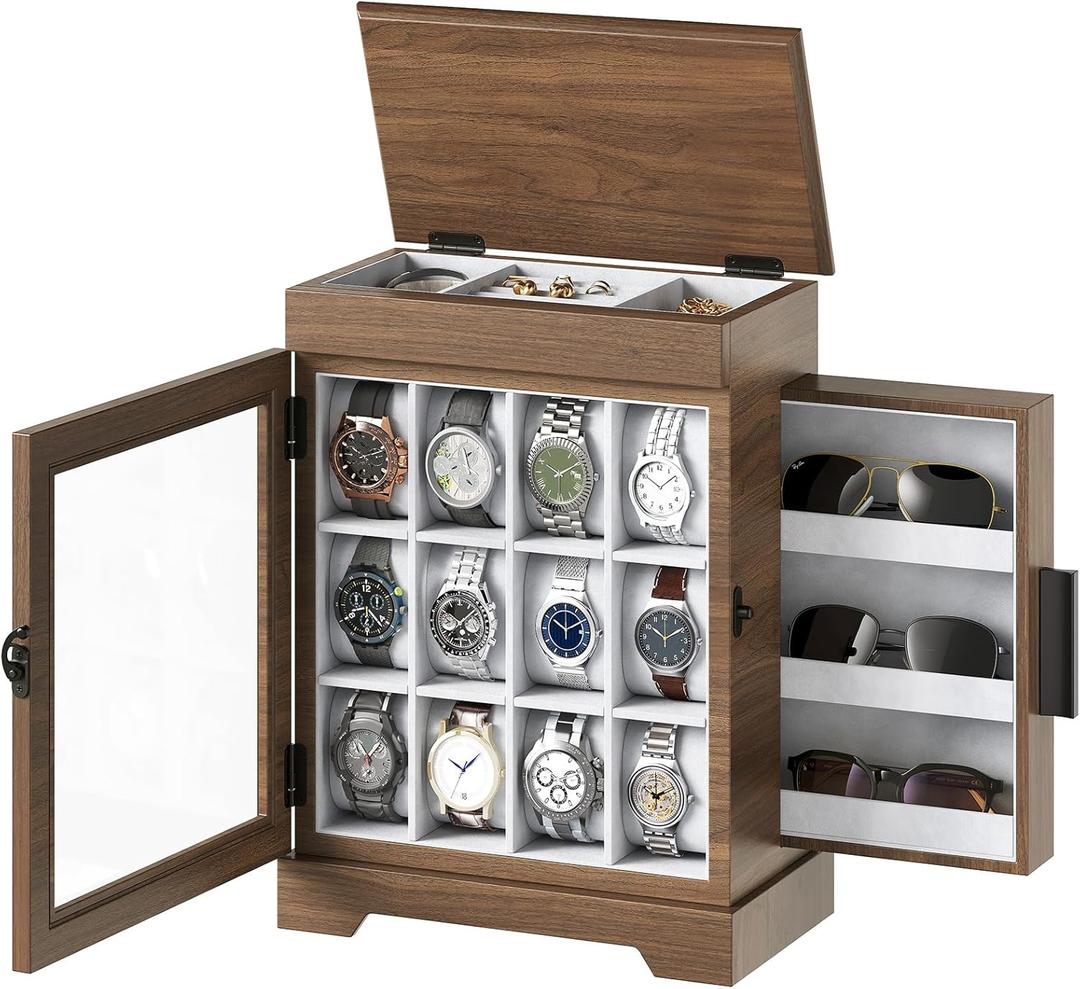 HOOBRO 12-Slot Watch Box with Flip-Top Storage, Wooden Watch Case with Acrylic Display, Watch Display Case with Drawer, for Watches, Sunglasses, Walnut BH21JB04