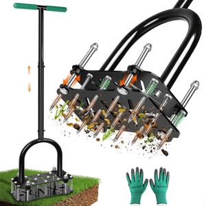 Bigwish Adjustable Lawn Aerator Tool with Rebound Spring 16 Sharp Metal Spikes Soil Aerator with Ergonomic T-Handle & Wide Foot Plate, Heavy Duty Yard Lawn Aerator for Garden Lawn Care