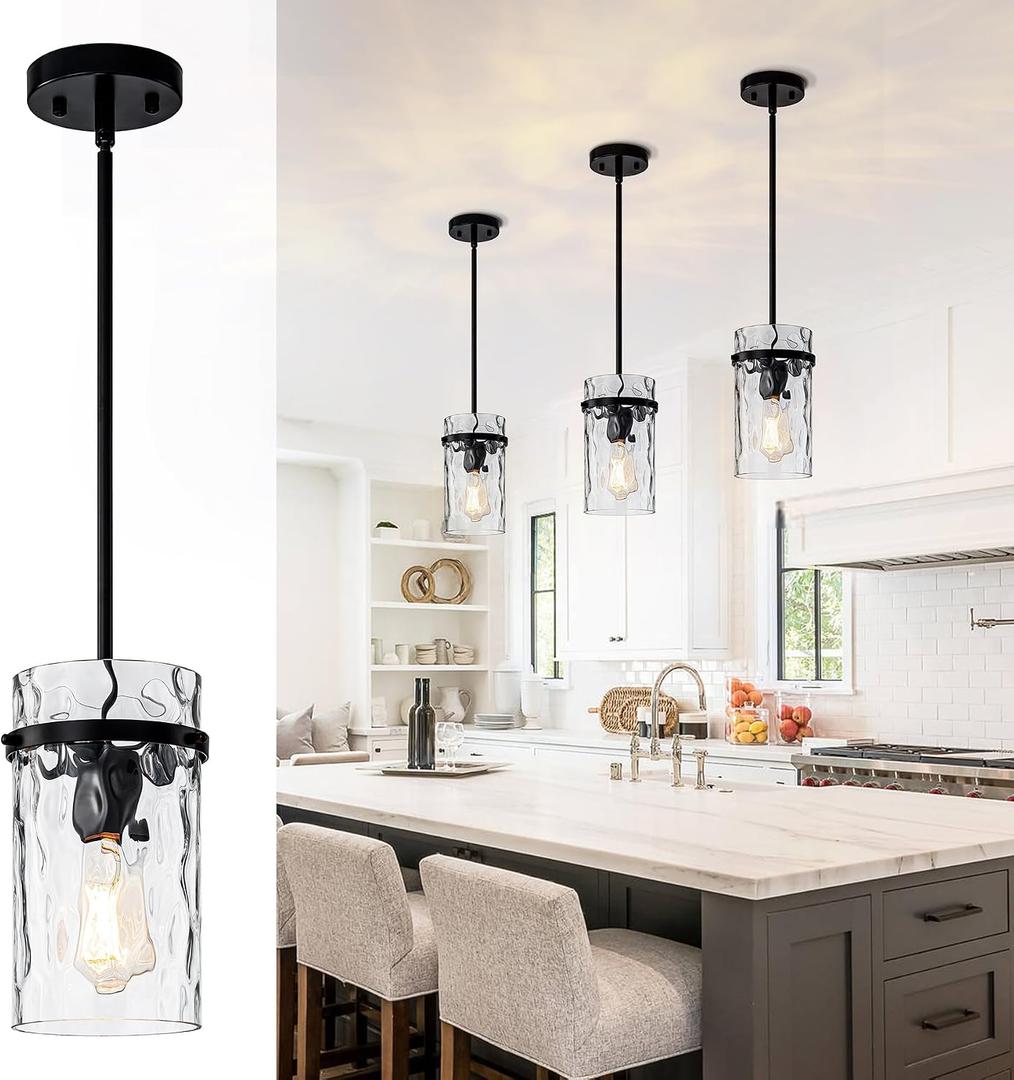 Farmhouse Black Hammered Glass Pendant Lights Kitchen Island for Foyer | D5.5" Black Pendant Lights over Island with Hammered Hand-Blown Glass over Sink , E26 Base, Height Adjustable, 1 Pack