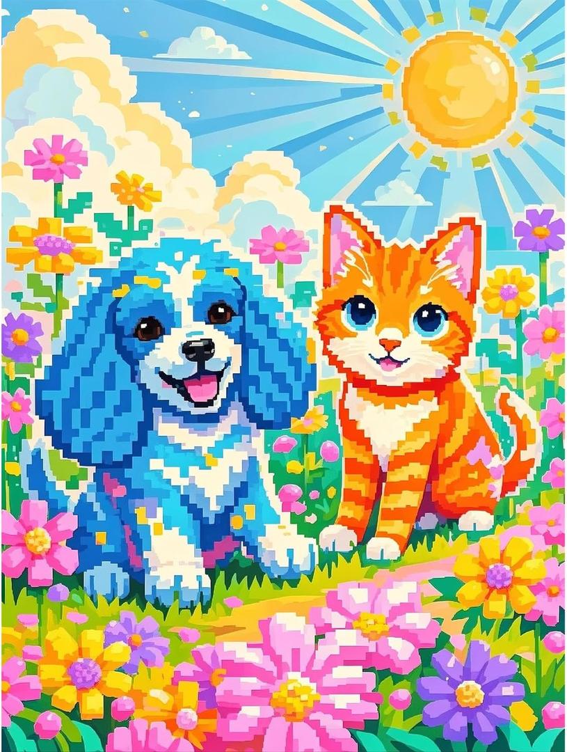 Cat and Dog 5D Diamond Painting Kit for AdultsPixel Style Puppy and Kitten Full Drill DIY Round Gem Art Diamond Art Kits Painting Crafts Ideal for Beginners and Home Wall Decor 12X16inch