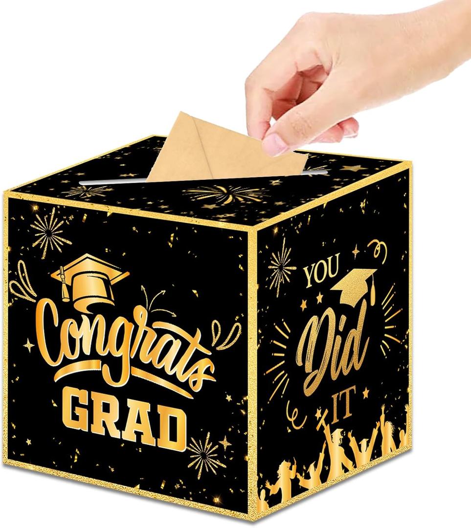 3 x Graduation Decorations 2026 Graduation Card Box Black Gold Congrats Grad Gifts Cardboard for Class of 2026 High School College Grad Party Decor 8.7 Inch