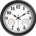 45MinST 13-Inch Vintage Outdoor Wall Clock with Thermometer and Hygrometer, Waterproof, Large Numbers, Silent, for Indoor and Outside Use,Porch,Garden,Pool(Black Frame with Silver Trim)