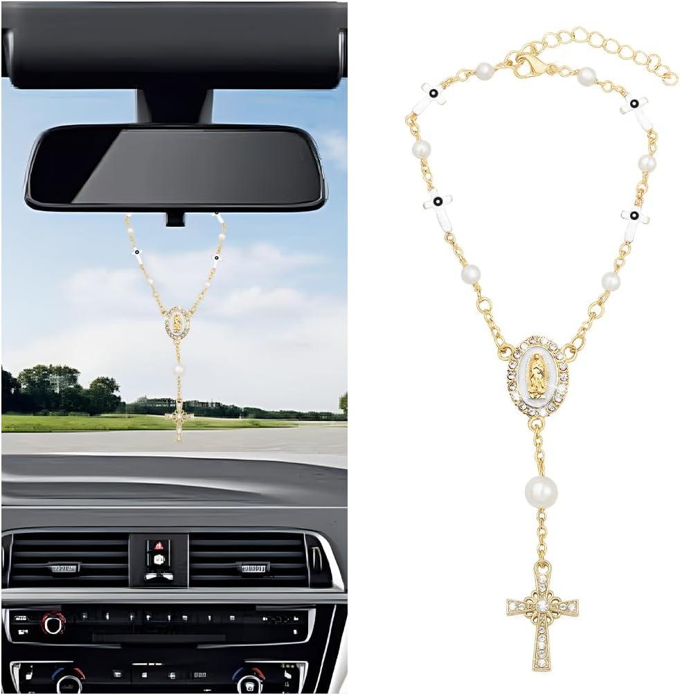 Bling Car Rosary for Rearview Mirror, Evil Eye Bead Cross Crystal Rhinestone Vehicle Rearview Mirror Pendant, Automotive Interior Decorative Charm, Universal for Sedan RV Truck (White)