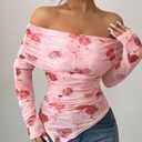 Women Floral Off Shoulder Tops,Mesh Long Sleeve and Ruched Slim Fit Going Out Top (Pink, XXL)