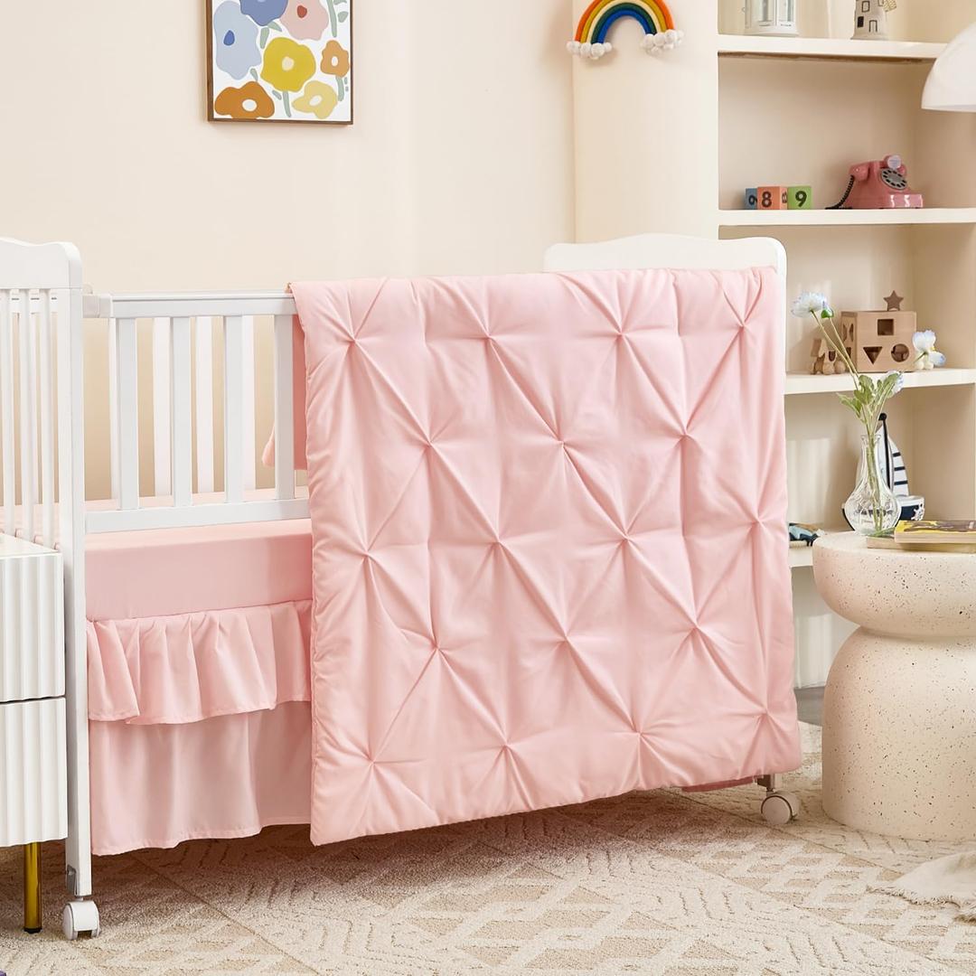 3-Piece Pink Crib Bedding Set for Girls - Ultra Soft & Skin Friendly Baby Girl Bedding Crib Set Includes Crib Comforter, Sheet & Skirt (Light Pink)