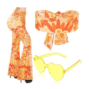3 Pcs 60s 70s Outfit for Women Hippie Costume Set Disco Flared Pants Groovy Outfit Party Accessories