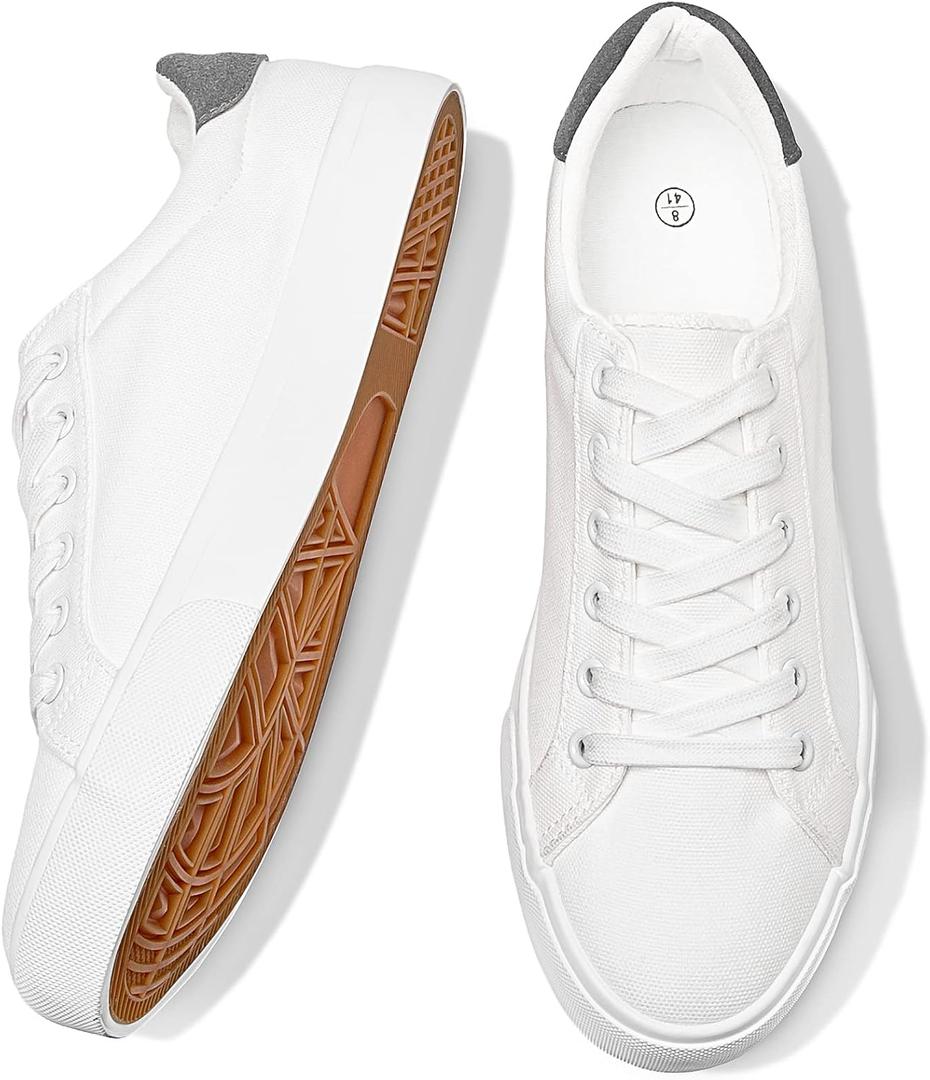 FRACORA Mens Canvas Shoes White Black Sneakers Low Top Lace Up Casual Shoes (White) 11