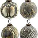 AuldHome Design Farmhouse Ball Ornaments (Set of 4, Antique Gold); Distressed Metal Glass Ball Vintage Style Christmas Decorations