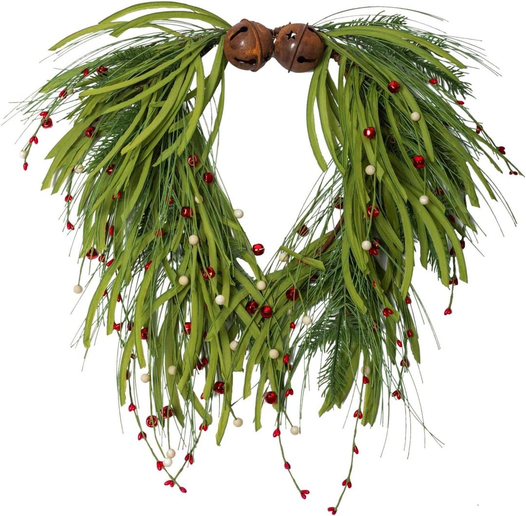 NeoL'artes 22 Inch Green Grapevine Front Door Wreath with Bells and Berries for Christmas Home Decor