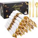 Liacere 100Pack Pre Rolled Gold Silverware and Napkin-Disposable Gold Plastic Utensils-Wrapped Plastic Cutlery Set with Napkin:100 Forks,100 Knives,100 Spoons,100 Napkins for Wedding & Graduation