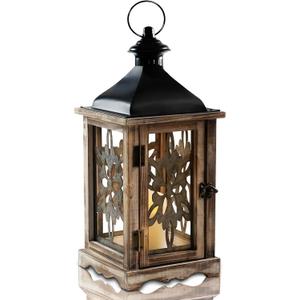 Homemory Rustic Christmas Farmhouse Lantern Decor, Wood & Metal 16'' Candle Lantern Hanging Candle Holders for Outdoor Indoor Home Living Room Patio Porch Table (Wood)