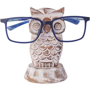 Birthday Gifts for Women Wooden Owl Glasses Holder Night Stand Reading Eyeglass Spectacle Retainer Gifts for Adults Women Men Him Her Mom Dad Car (White)