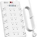 10Ft Extension Cord with Multiple Outlets, SUPERDANNY Surge Protector Power Strip (1875W/15A), 22 AC Outlets and 6 USB Charging Ports, Wall Mountable for Home, Office, Gaming Room, 2100 Joules, White