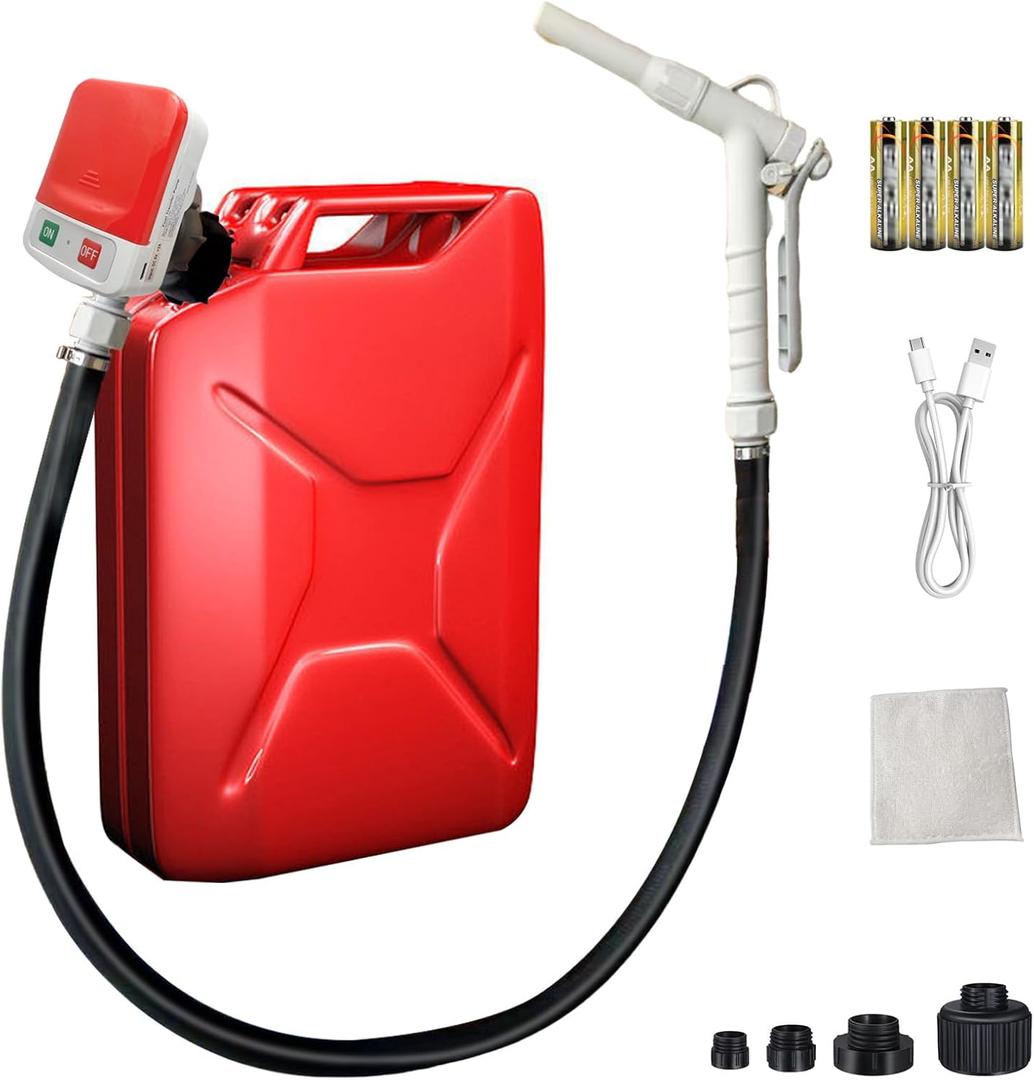 Automatic Fuel Transfer Pump with Nozzle, 3.4GPM Portable Electric Gas Can Pump with 51" Long Rubber Hose for Oil Diesel Gasoline, 4pcs AA Battery/1pcs USB Cable and 4 Can Adapters Included