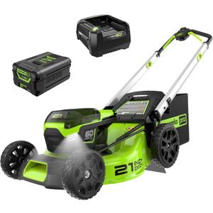 Greenworks 60V 21" Brushless (Push) Cordless Lawn Mower, 5.0Ah Battery (1/2 Acre, Rapid Charger, 4-in-1, LED Lights, IPX4)