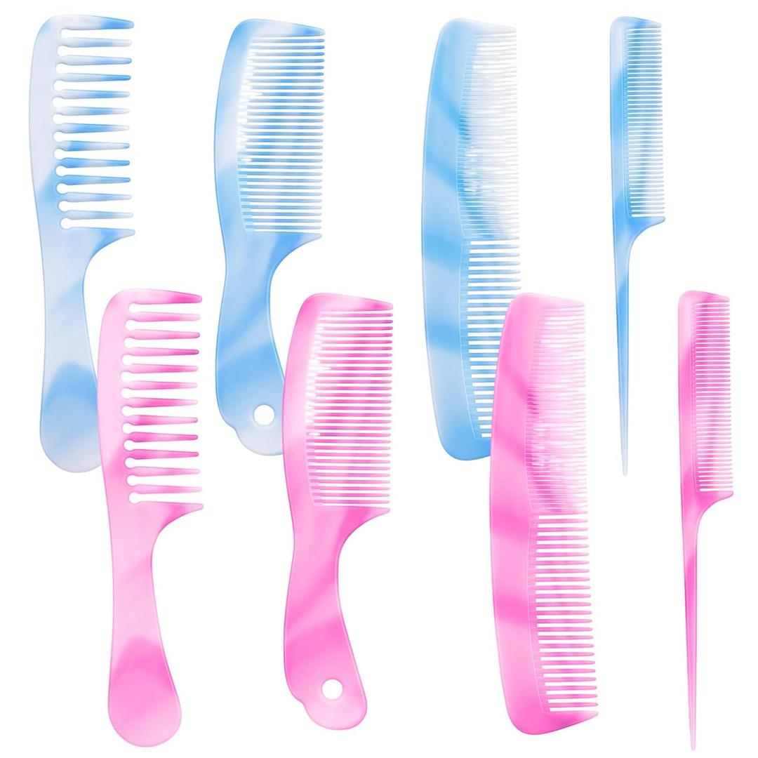 8 Pcs Hair Comb Set For Women Pink & Blue Hair Styling Comb Set With Rat Tail Combs, Wide Tooth, Fine Tooth, Medium Tooth Combs For Women, Men Detangling And Styling