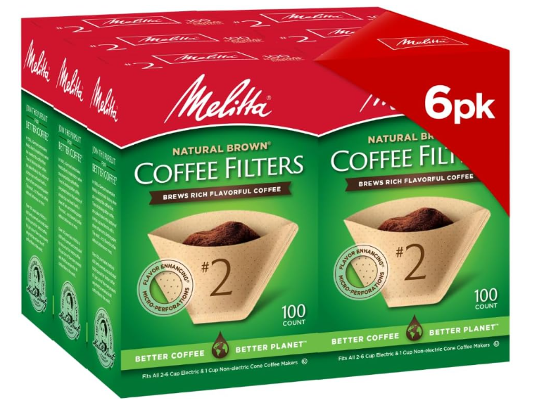 Melitta #2 Cone Coffee Filters, Natural Brown, 100 Count (Pack Of 6), 600 Total Filters  Fits all 26 Cup Cone Coffee Makers and 1cup PourOver Brewers, Compostable, TearResistant, Made in USA