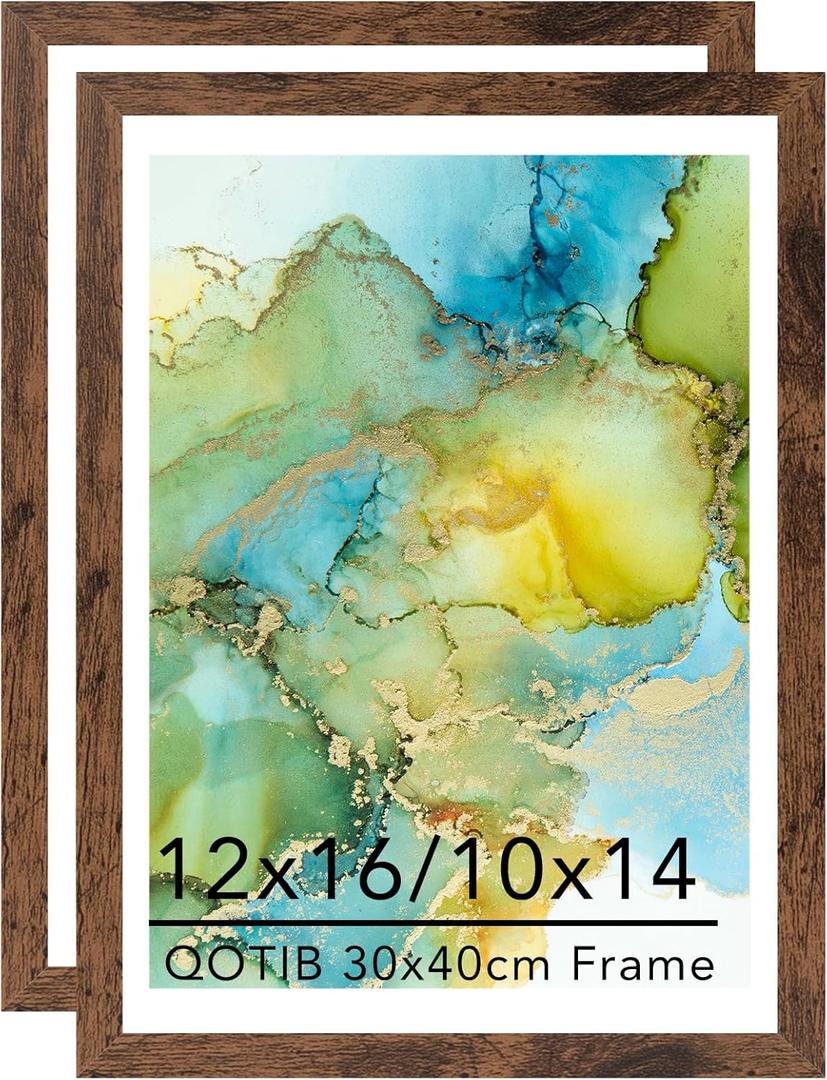 12x16 Frame Set of 2 with 10x14 Mat, for 30 x 40cm Diamond Art Painting, Display Photo 10 x 14 with Mat or 12 x 16 without Mat, Wood Large 12 by 16 Picture Frame for Wall Hanging, Deep Brown, 2 Packs