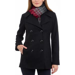 NWT London Fog Womens Pea Coat Black L with Scarf Wool Double Breasted Buttons