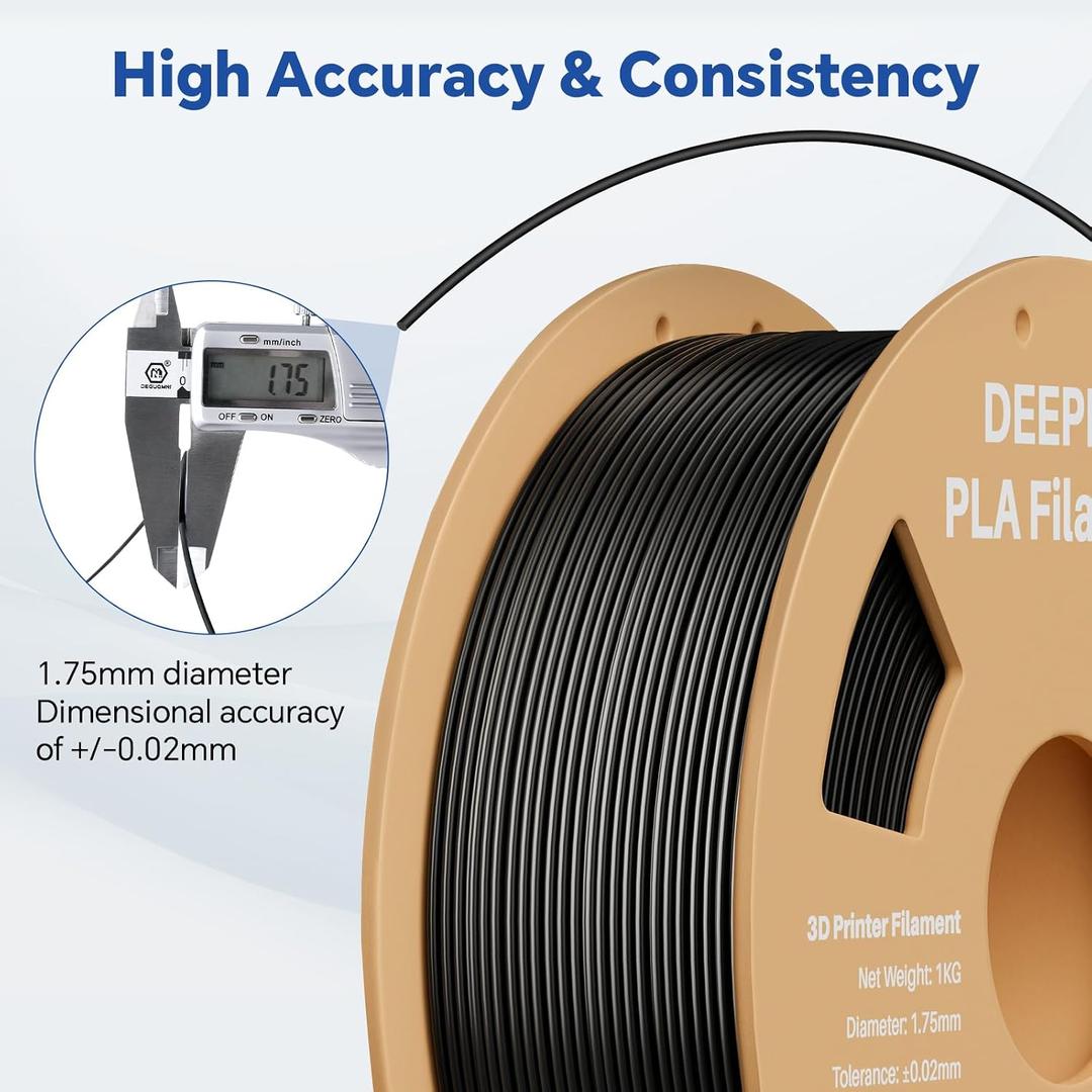 PLA 1.75mm 3D Printer Filament, Dimensional Accuracy +/- 0.02mm, Neatly Wound, No Clogging, Vacuum Package, Fits for Most FDM 3D Printers, Cardboard Spool 1kg Black