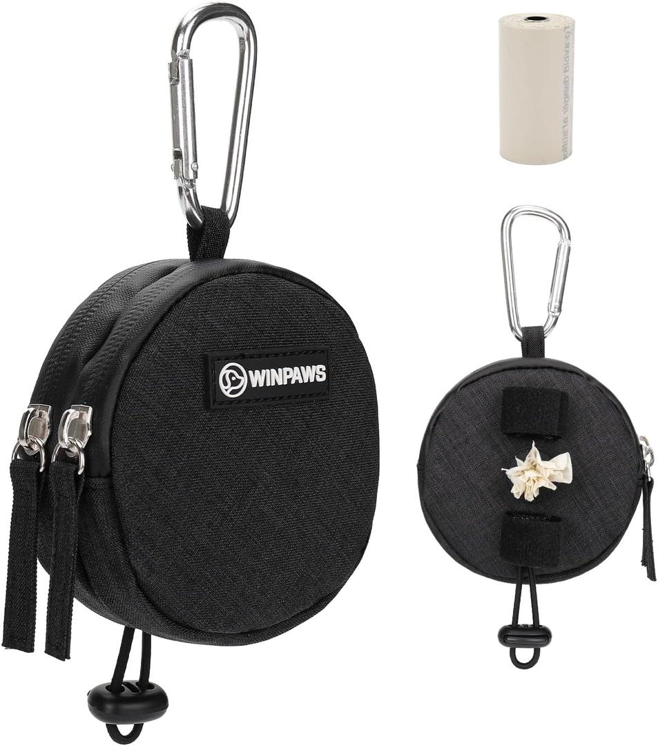 Dog Poop Bag Holder for Leashes- Dog Treat Pouch with Waterproof Zipper, Puppy Training Small Bag with Carabiner & Bungee Toggle, Two Pockets for Dry or Wet Treats-Pet Travel Walking Essentials (Black)