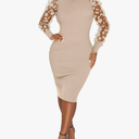 Annystore Women's Elegant Mock Neck Sheer Long Sleeve Mesh Bodycon Dress Ribbed Club Party Pencil Midi Dresses Clubwear, XL