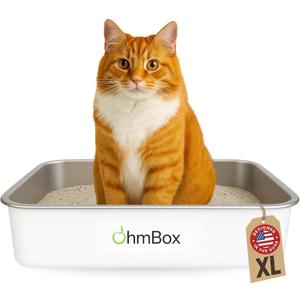 OHM Pets XL Cat Litter Box Stainless Steel - Non Stick Extra Large Stainless Steel, Rust-Proof Metal, Kitty Litter Box, Anti-Leak with High Sides, Non-Slip Rubber Feet, White