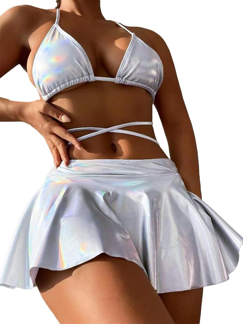 DaiLiWei 3 Piece Swimsuits for Women Festival Rave Outfits Metallic Glitter Bikini Sets Sexy Bathing Suit Beach Skirt 2025 (Large, White)