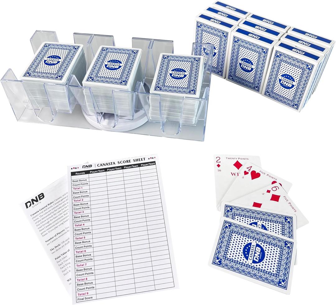 DNB Canasta Card Game Set - Includes 9 Decks of Blue Scored Playing Cards a Revolving Card Tray 50-Page Score Pad and Game Instructions