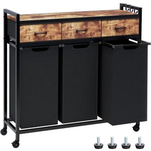 Laundry Hamper, Laundry Sorter 3 Section, Rolling Laundry Basket with Wheels, 3 Drawers, 3  14.5 Gal (55 L), Pull-Out and Removable Oxford Fabric Bags, Black and Rustic Brown