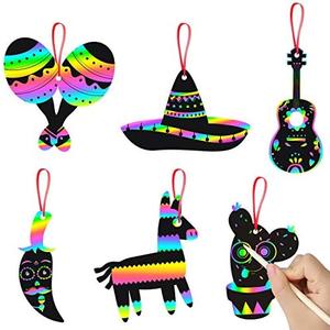WATINC 60pcs Mexican Fiesta Scratch Cards Art Set for Kids Adults, Cinco De Mayo Party Decorations Favor, DIY Magic Colorful Art Craft Kit, Scratch Paper Ornaments for Birthday Party